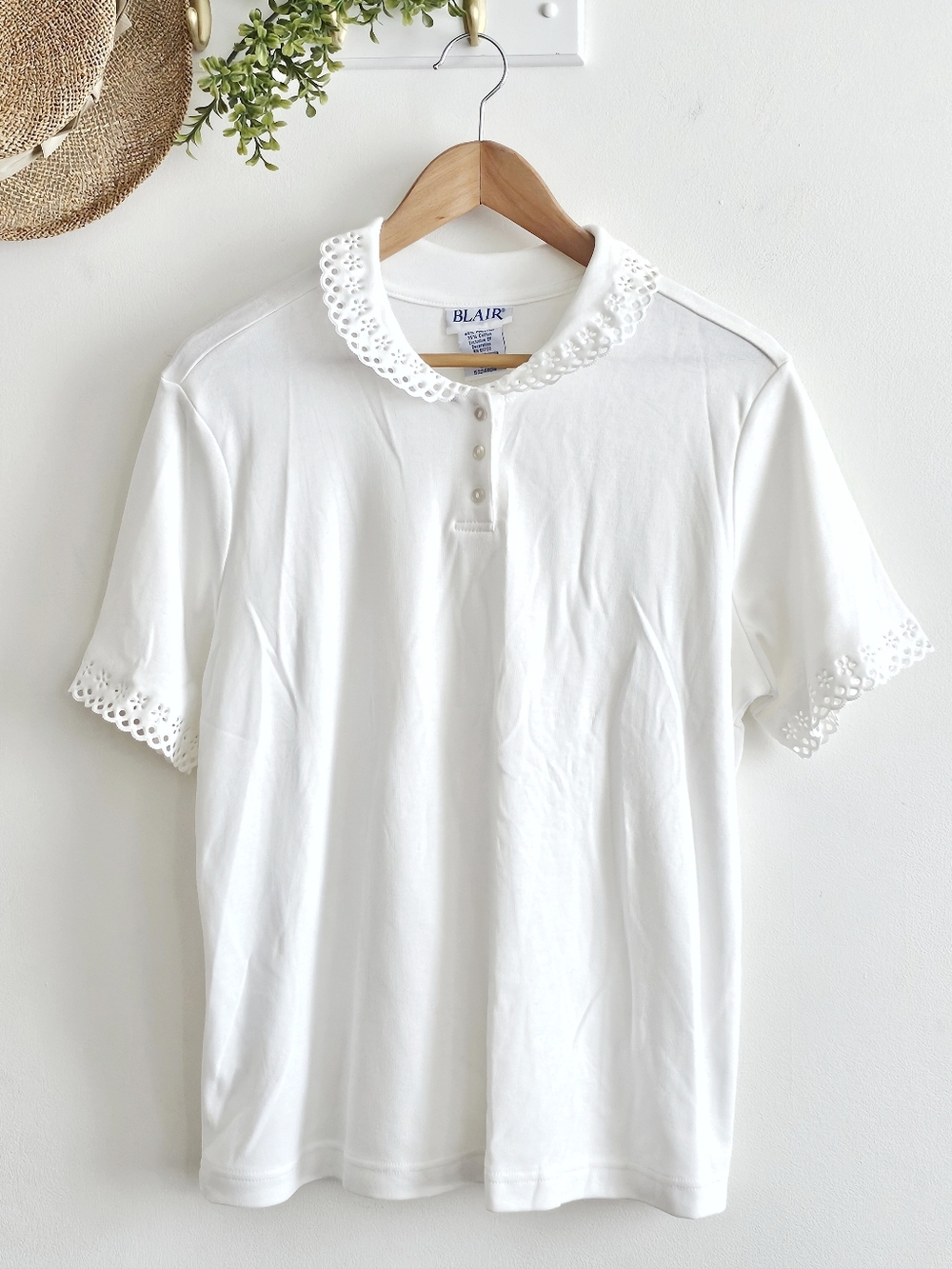 Blair White Eyelet Collar Polo Shirt NWOT Large Cottagecore Top